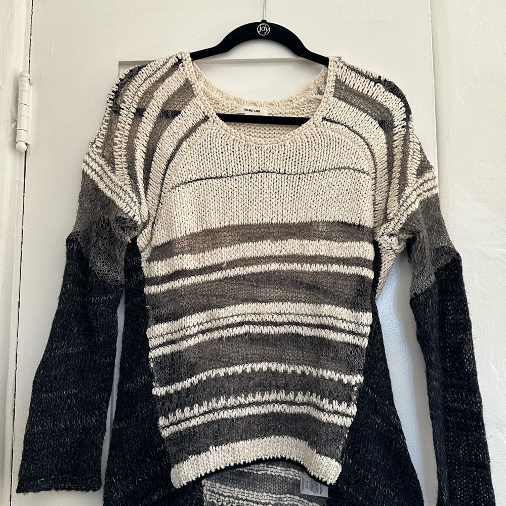 Helmut Lang sweater. 67% silk, 20% alpaca. warm with gray, sheer stripes, cream.